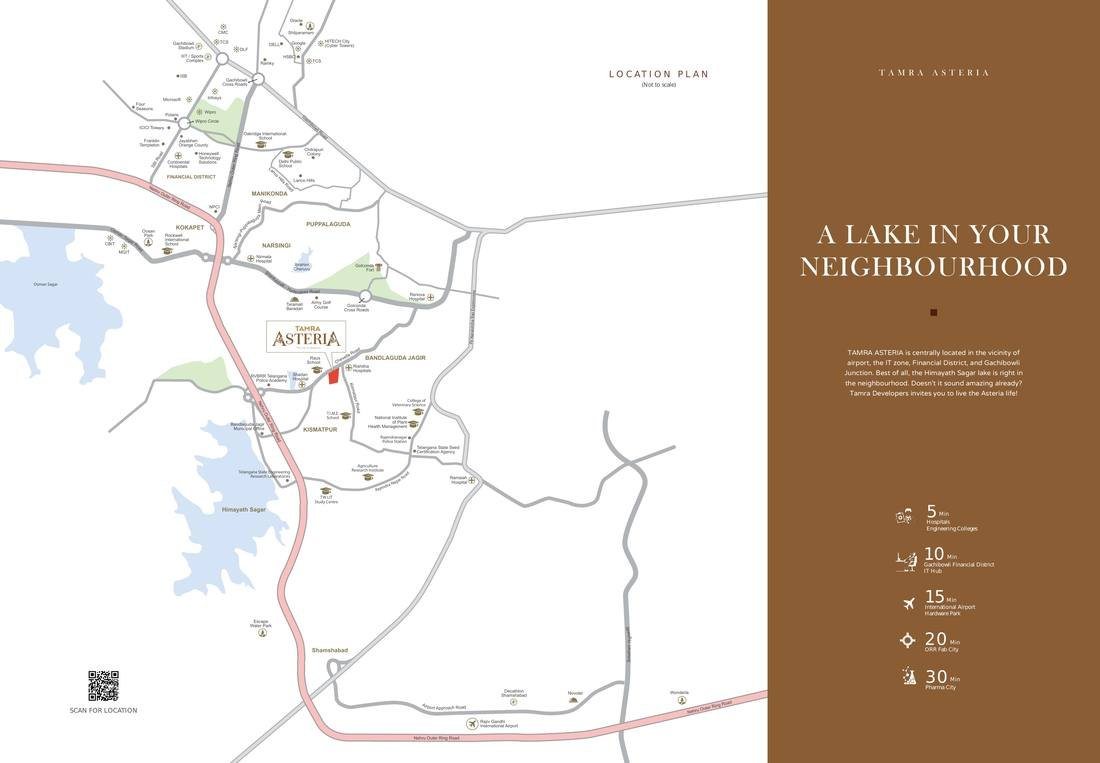 Location map showing Tamra Asteria on Suncity Main Road, Bandlaguda Jagir