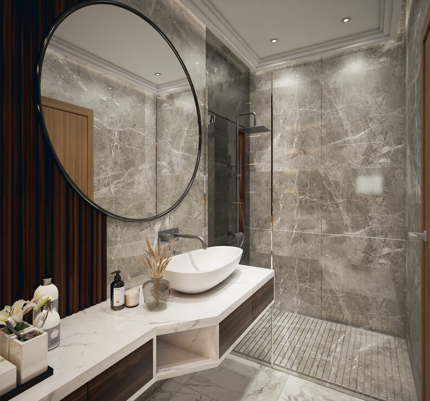 Tamra Asteria interior render: bathroom with round mirror and walk-in shower