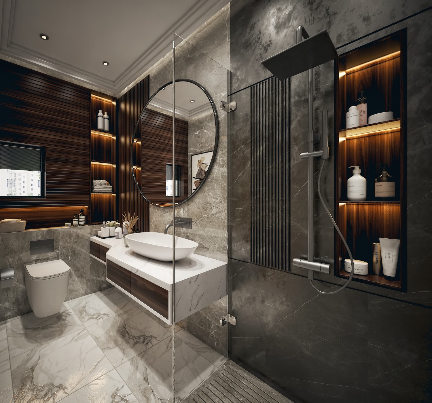 Tamra Asteria interior render: bathroom with lit wall niches and rain shower