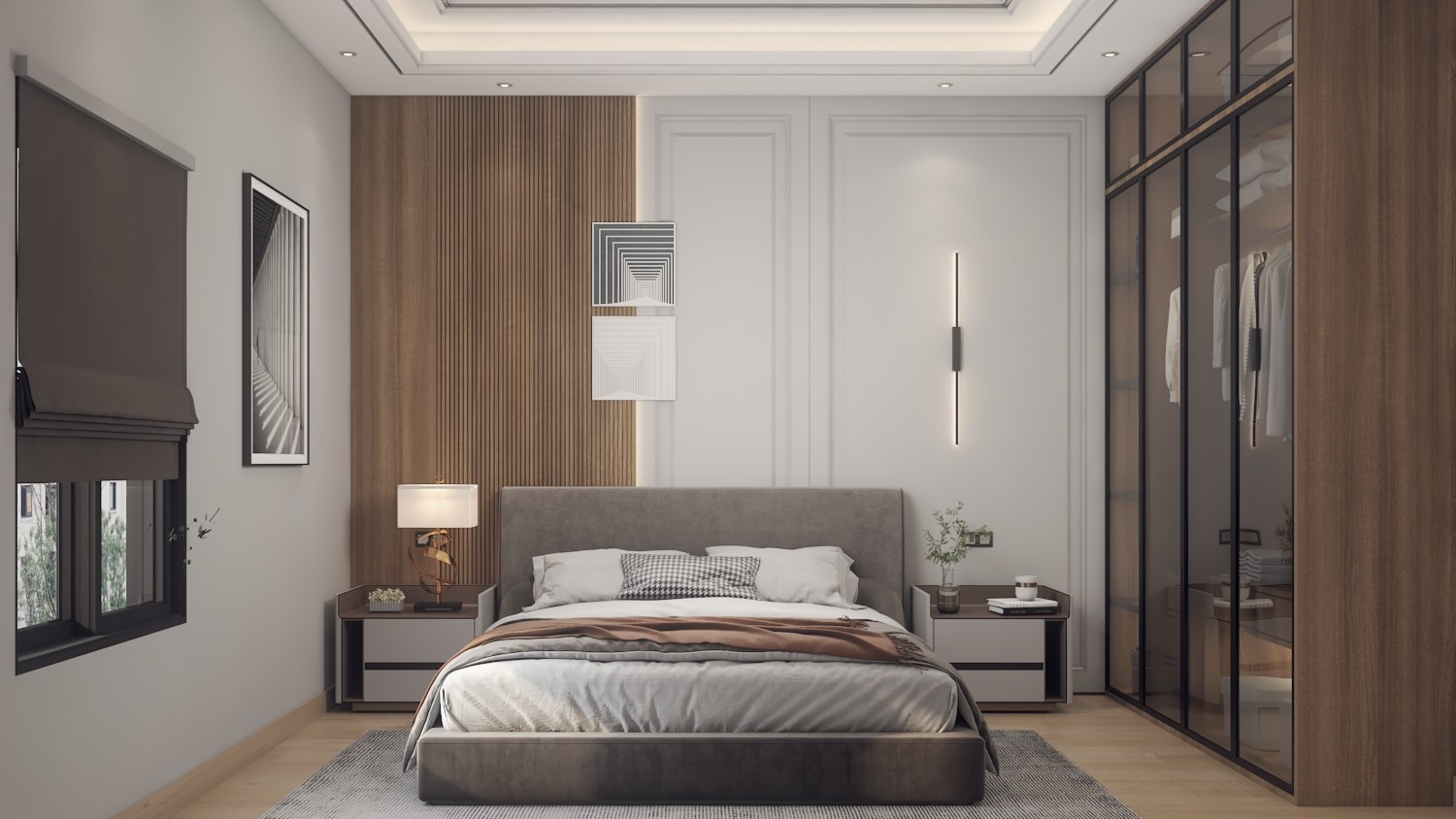 Tamra Asteria interior render: bedroom with wood-slat headboard wall and glass wardrobe