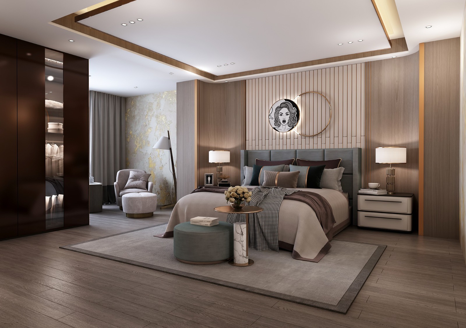 Tamra Asteria interior render: bedroom with lounge chair and walk-in wardrobe