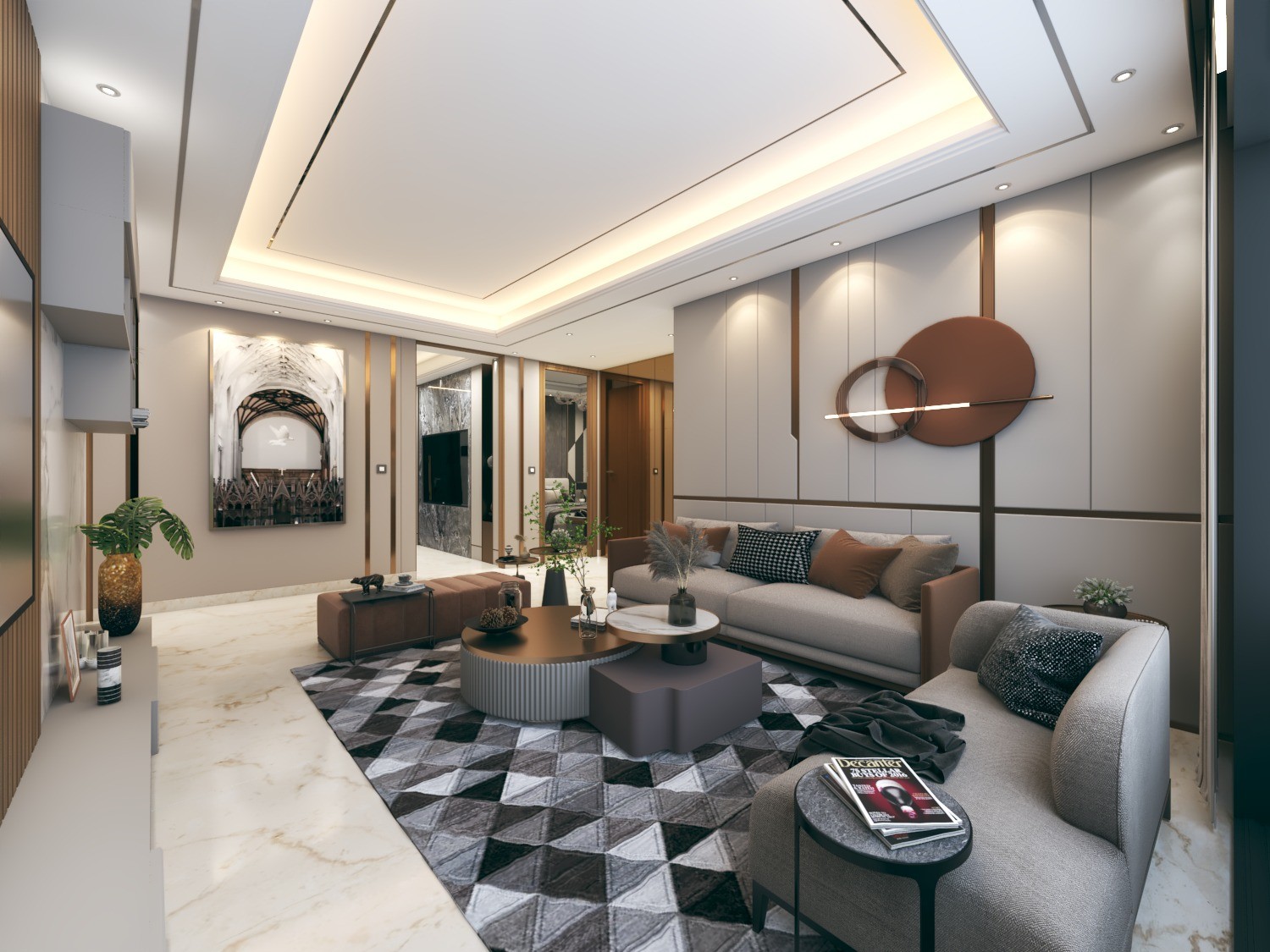 Tamra Asteria interior render: living room with lit tray ceiling and lounge seating