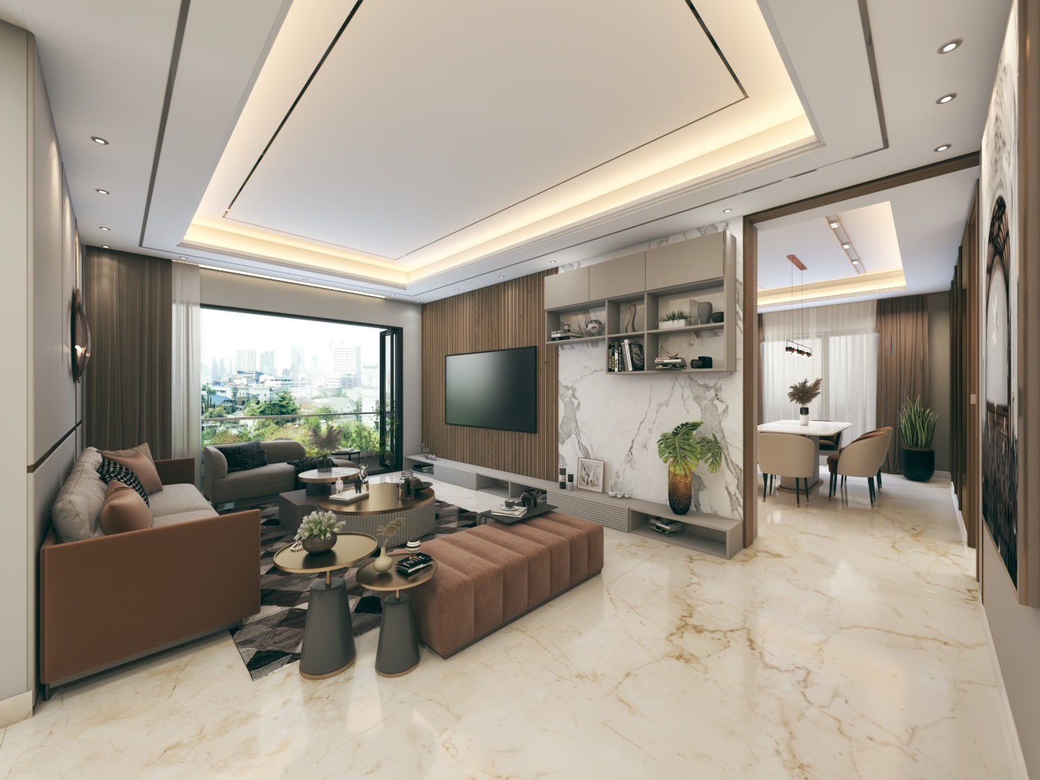 Tamra Asteria interior render: living and dining area with balcony view