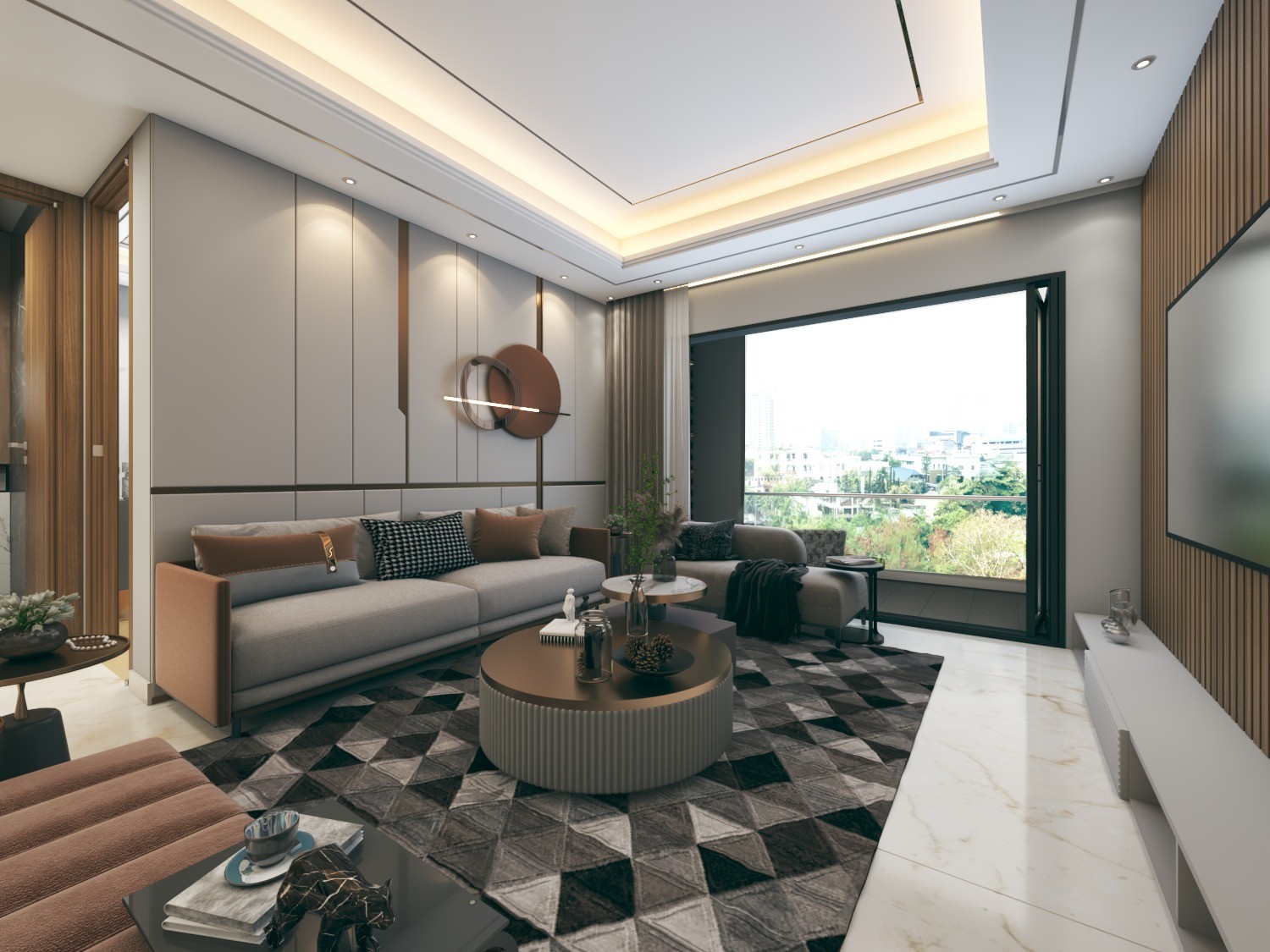 Tamra Asteria interior render: living room with panelled sofa wall and balcony view