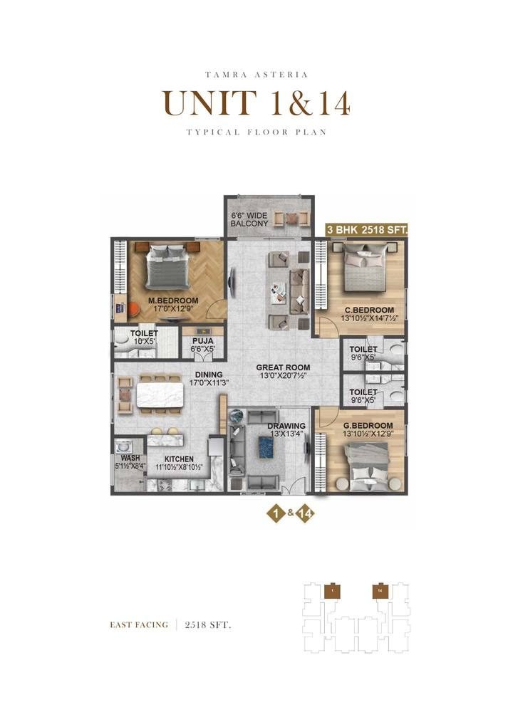 Unit 1 & 14 unit plan, 3 BHK 2,518 sft