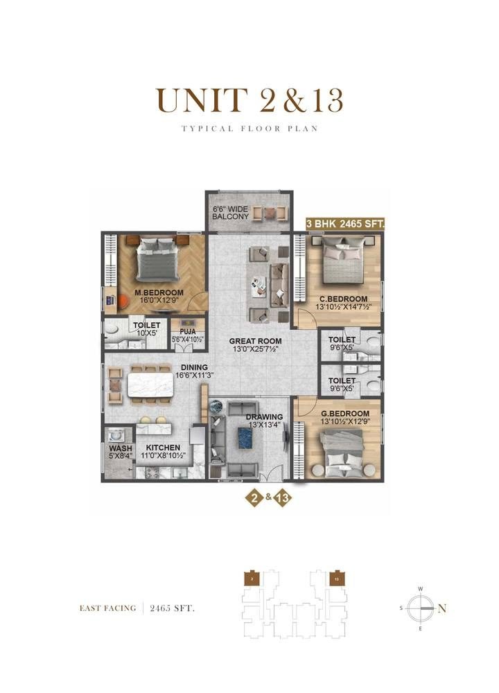 Unit 2 & 13 unit plan, 3 BHK 2,465 sft