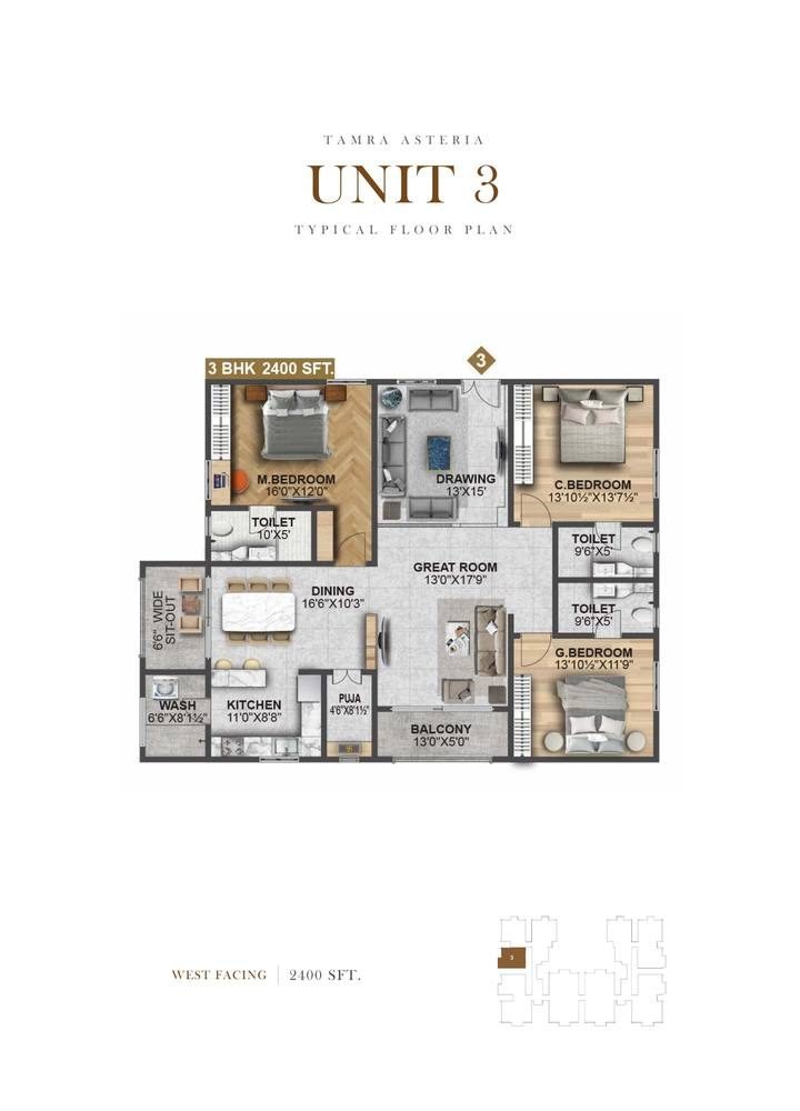 Unit 3 & 12 unit plan, 3 BHK 2,400 sft