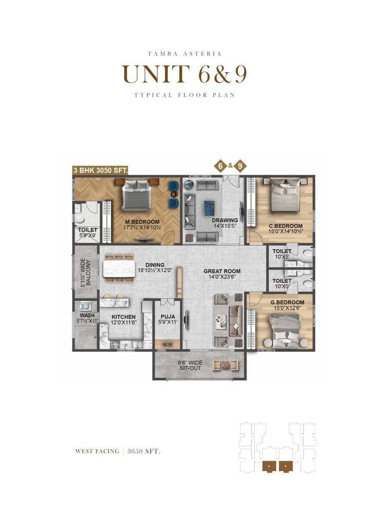 Unit 6 & 9 unit plan, 3 BHK 3,050 sft